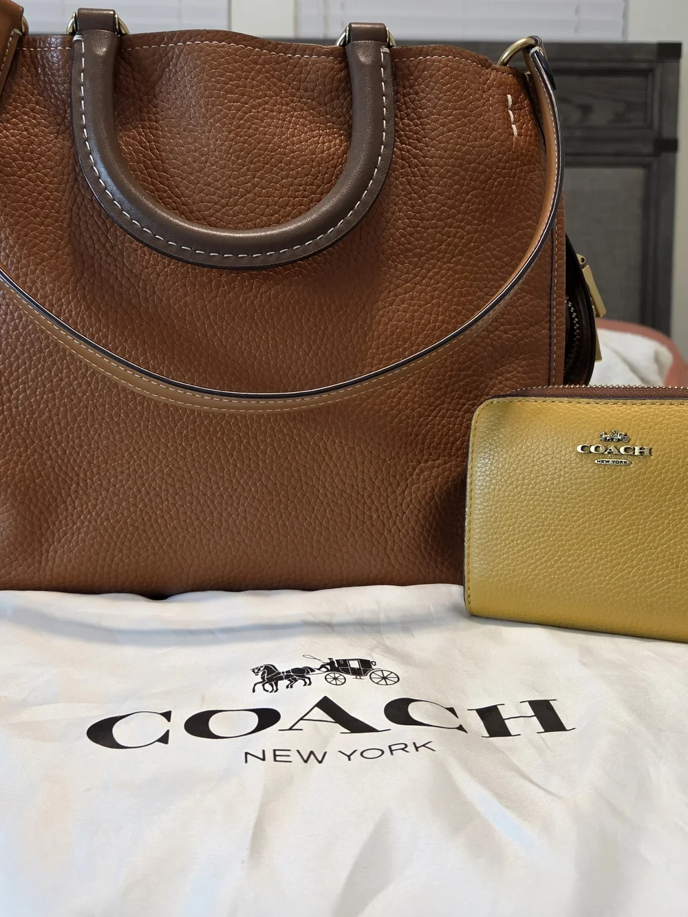 COACH Women’s Brown Pebbled Leather Tote with Yellow Zip Wallet